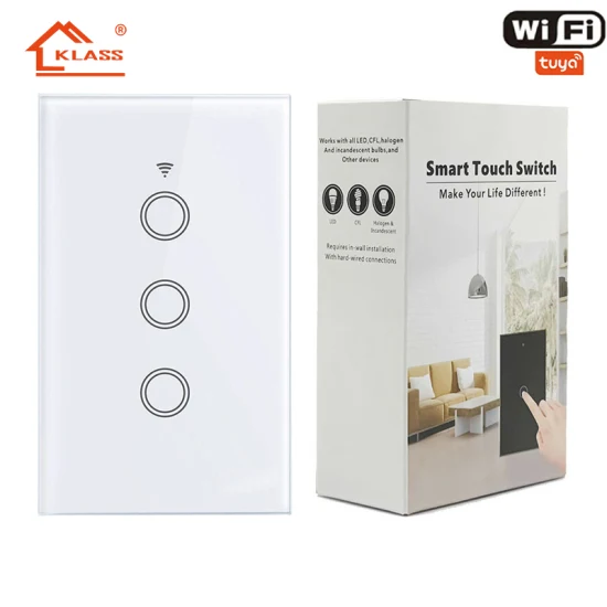 Klass Us Standard IP65 Bluetooth Wireless WiFi Wall Touch Tuya Electrical Light Switch with Tempered Glass Smart Switch
